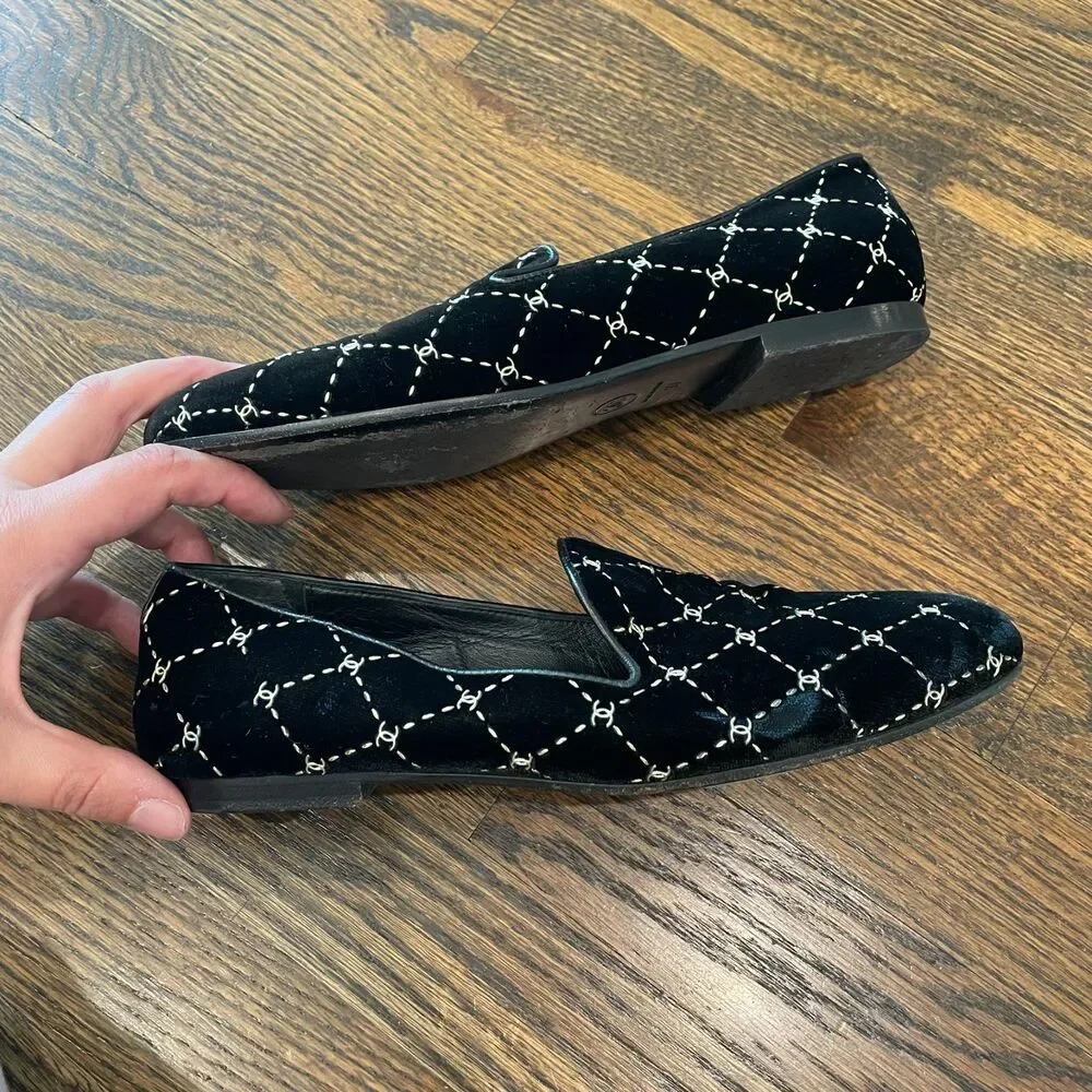 CHANEL Black Velvet Diamond Loafers Logo Smoking Slippers